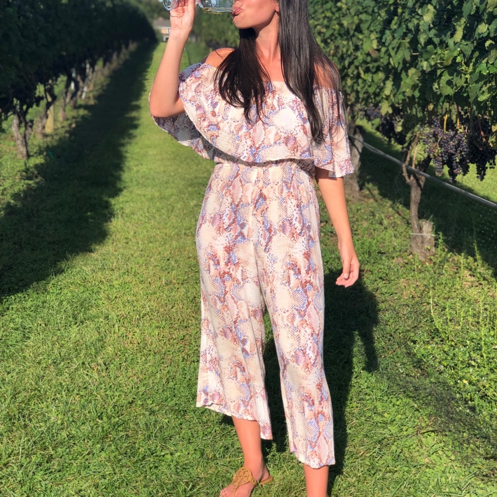 Snakeskin off the shoulder jumpsuit